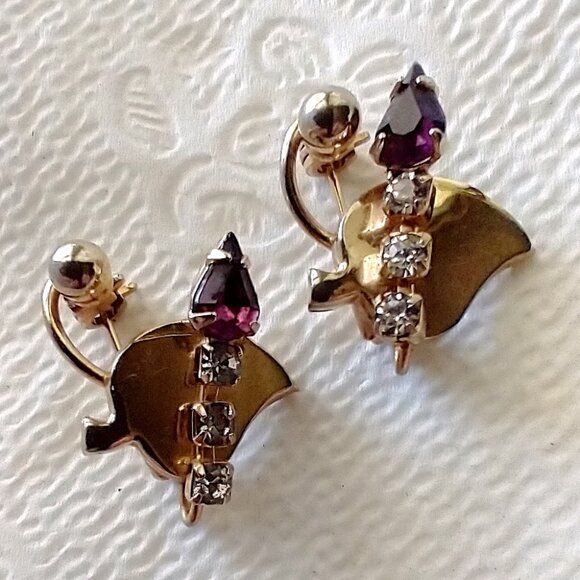 Vintage Brooch Scatter Pins (2) Rhinestones Candle Leaf Design Gold Tone Metal - Picture 8 of 8